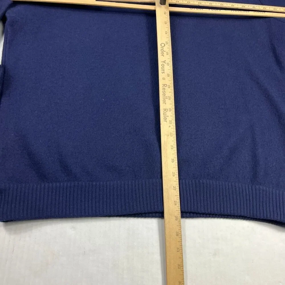 Orvis Mens 1/4 Snap Button Wool Sweater Blue Faux Leather Trim Rugged Pullover L